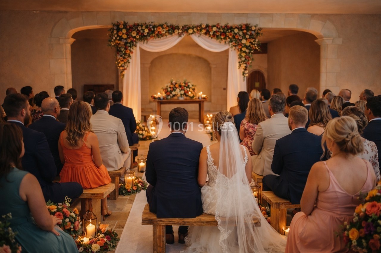 Cérémonie de mariage en intérieur avec des invités assis, décor floral et bougies autour de l'autel.