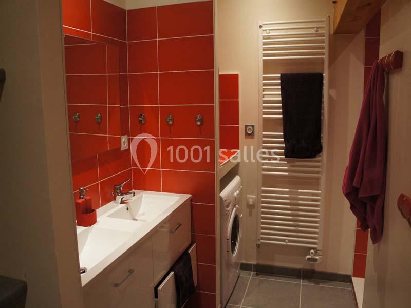 Salle de bain moderne avec carrelage rouge, double vasque, radiateur sèche-serviettes et machine à laver intégrée.
