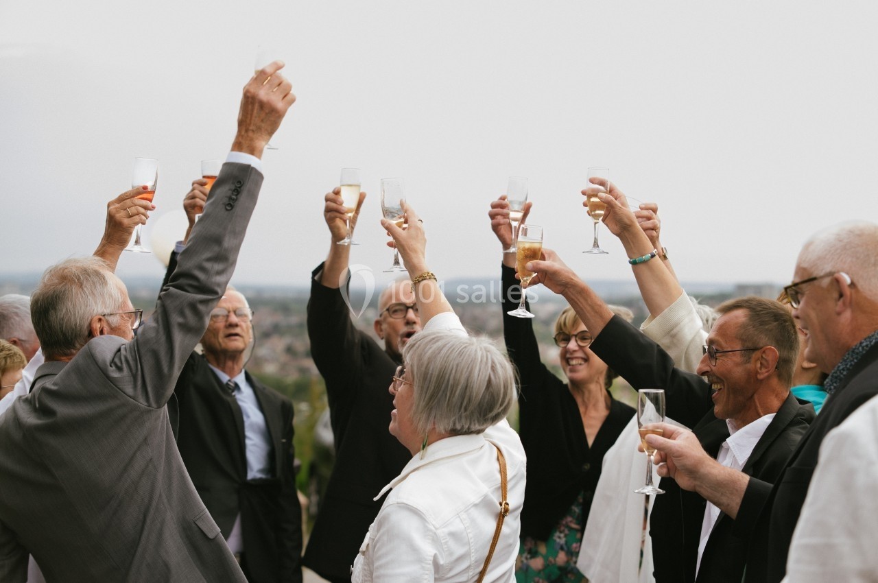 Un groupe de personnes âgées levant des verres pour un toast en plein air.