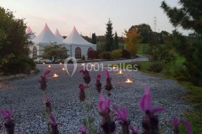 Un couple en tenue de mariage se tient la main dans un jardin baigné par une lumière douce au coucher du soleil.