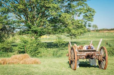 Un couple en tenue de mariage se tient la main dans un jardin baigné par une lumière douce au coucher du soleil.