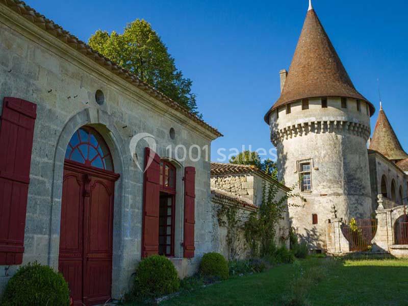 Façade en pierre d'un château avec tours rondes et toit en tuiles, entouré de verdure sous un ciel bleu.