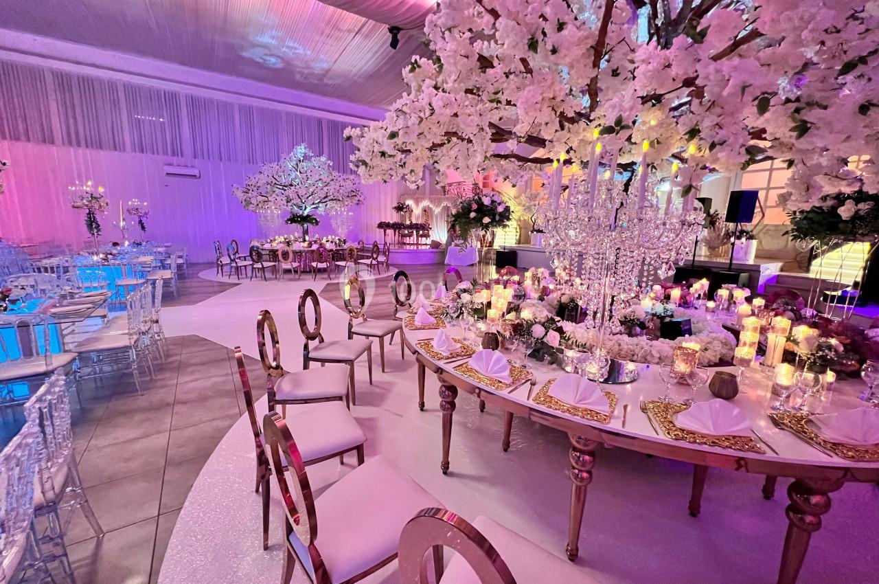 Location salle Saint-Germain-lès-Arpajon (Essonne) - Voilier 91 #4 Salle de réception décorée avec des tables élégantes, des chandeliers et des arbres fleuris sous un éclairage coloré.