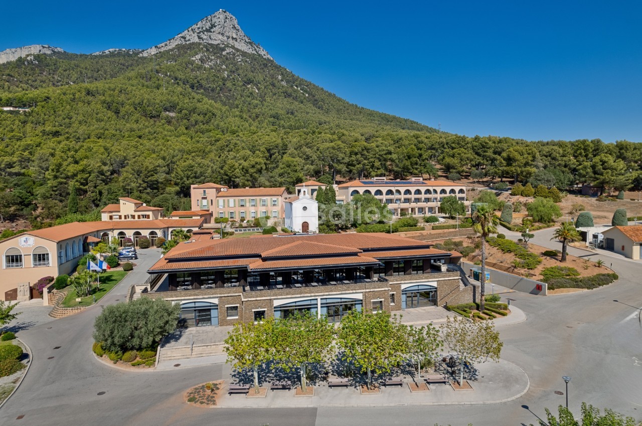 Vue aérienne d'un complexe de bâtiments entouré de végétation, avec une montagne en arrière-plan sous un ciel bleu.