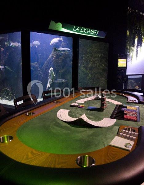 Location salle La Mulatière (Rhône) - Aquarium de Lyon #12 Table de jeu de casino avec cartes et jetons, située devant un grand aquarium éclairé.