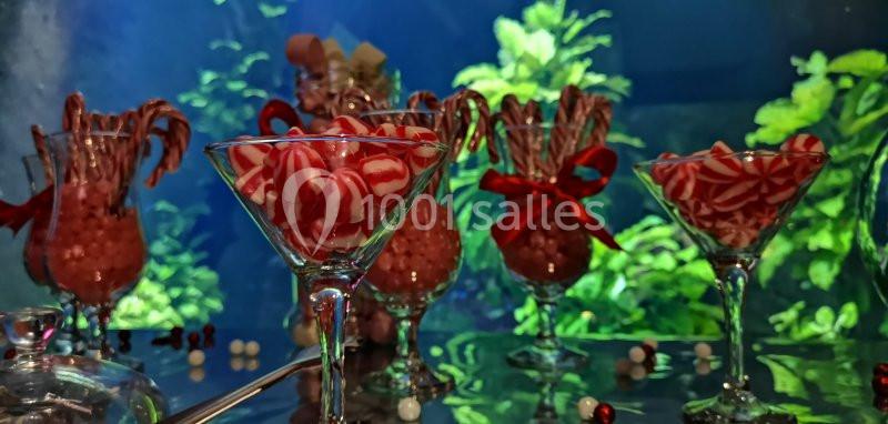 Location salle La Mulatière (Rhône) - Aquarium de Lyon #8 Verres et vases remplis de bonbons rouges et blancs, décorés de rubans rouges, devant un fond végétal lumineux.