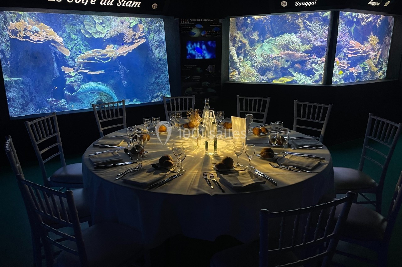 Location salle La Mulatière (Rhône) - Aquarium de Lyon #1 Table dressée pour un dîner, entourée d'aquariums éclairés présentant des récifs coralliens.