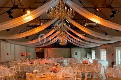 Pont éclairé et kiosque en bois près d'une fontaine illuminée, entourés d'arbres dans un parc nocturne.