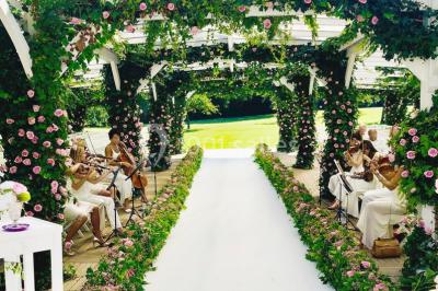 Pont éclairé et kiosque en bois près d'une fontaine illuminée, entourés d'arbres dans un parc nocturne.