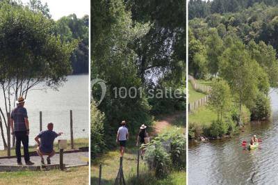 Miniature Location salle Meyrignac-l'Église (Corrèze) - Domaine des Monédières #10 Lavabo avec plan en bois, sèche-serviettes mural, douche avec paroi vitrée et carrelage sombre.