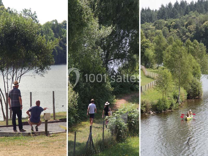 Location salle Meyrignac-l'Église (Corrèze) - Domaine des Monédières #10 Trois scènes en plein air : pêche au bord d'un lac, randonnée en forêt, et canoë sur une rivière.