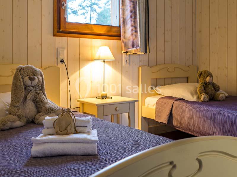 Location salle Meyrignac-l'Église (Corrèze) - Domaine des Monédières #18 Deux lits simples avec linge de lit violet, une lampe allumée sur une table de chevet et des peluches posées sur les lits.