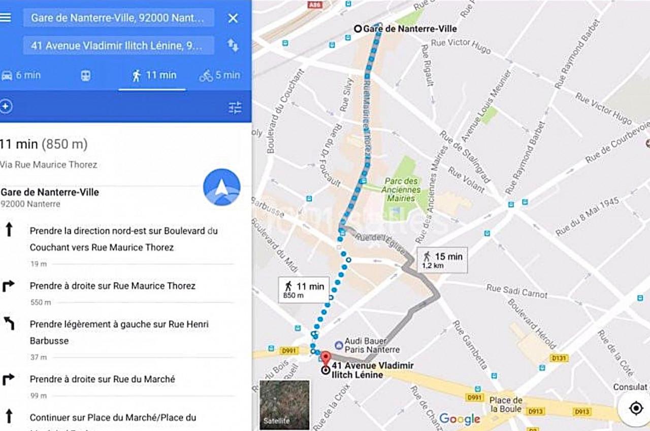 Carte affichant un itinéraire piéton de 11 minutes entre la gare de Nanterre-Ville et l'avenue Vladimir Ilitch Lénine.