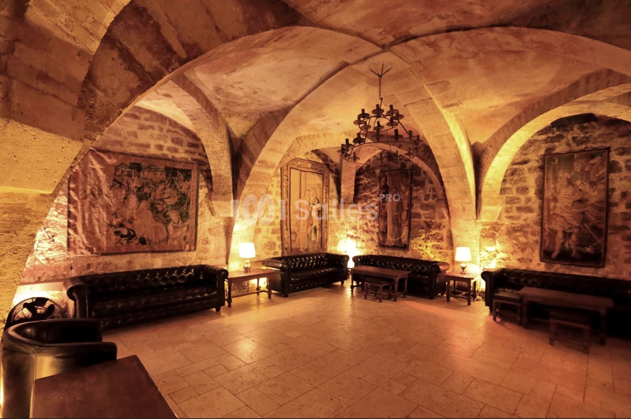 Salle voûtée en pierre avec canapés en cuir, tapisseries murales, éclairage chaleureux et lustre central.