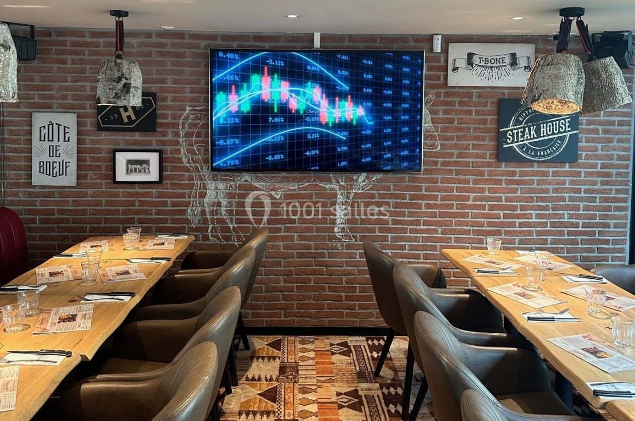 Salle de restaurant avec tables dressées, écran affichant un graphique financier, murs en briques décorés de panneaux.