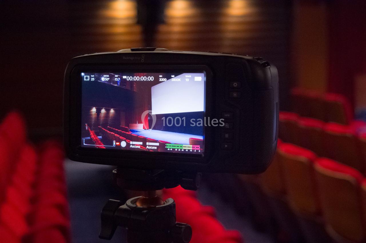 Caméra filmant une scène de théâtre vide avec des rangées de sièges rouges dans une salle sombre.