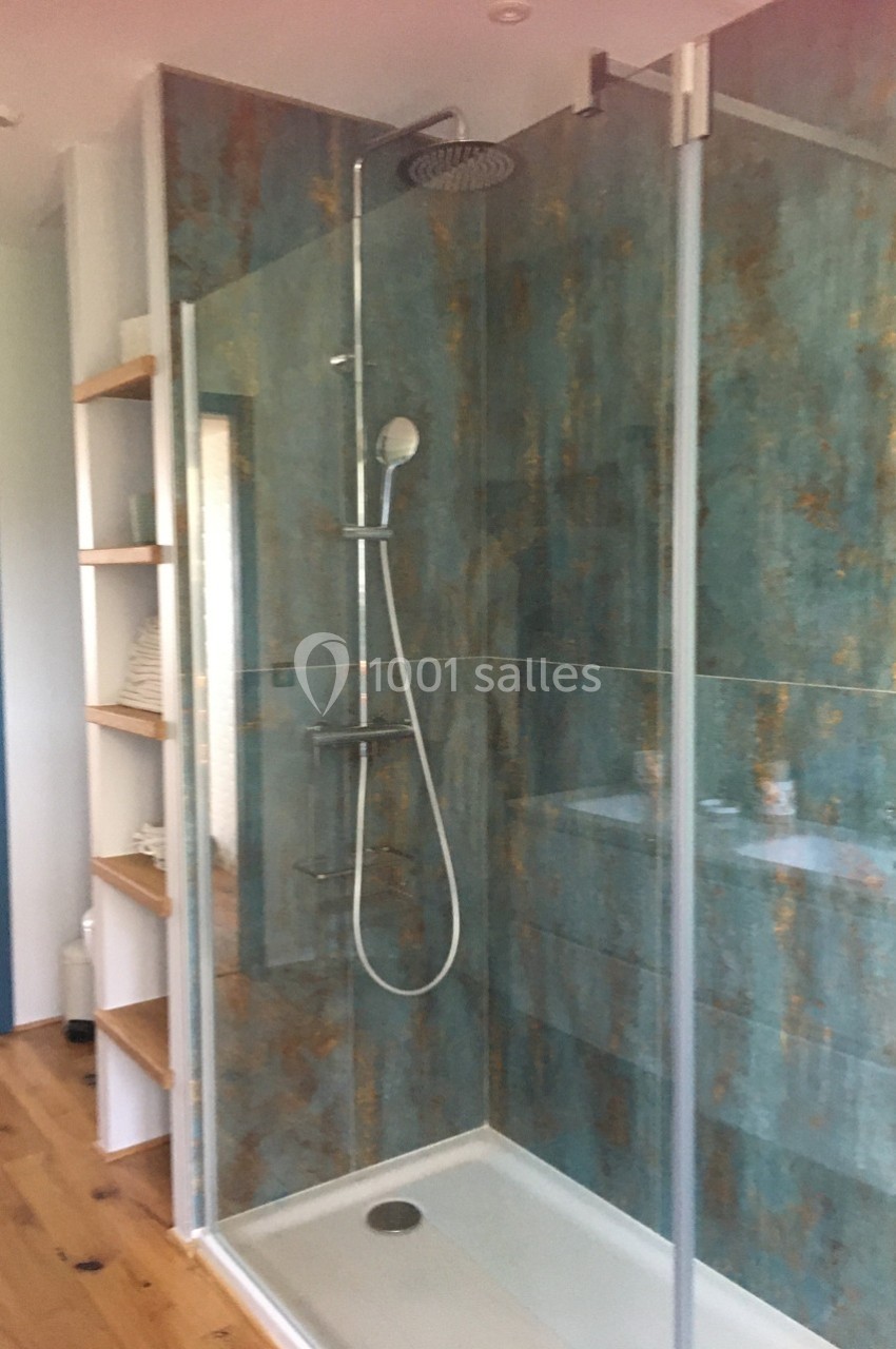 Douche moderne avec parois vitrées, carrelage effet rouille et pommeau de douche mural dans une salle de bain lumineuse.