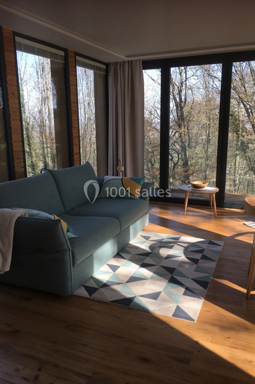 Salon lumineux avec canapé bleu, tapis géométrique, tables en bois clair et grandes baies vitrées donnant sur des arbres.