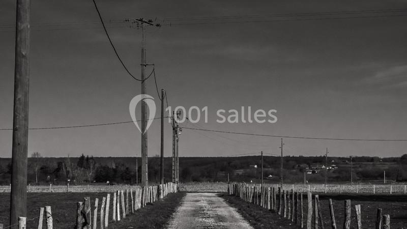 Chemin de campagne bordé de poteaux électriques et clôtures, traversant un paysage rural sous un ciel sombre.