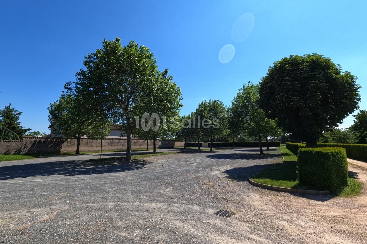 Allée bordée d'arbres et d'arbustes, avec un sol en gravier sous un ciel bleu dégagé.