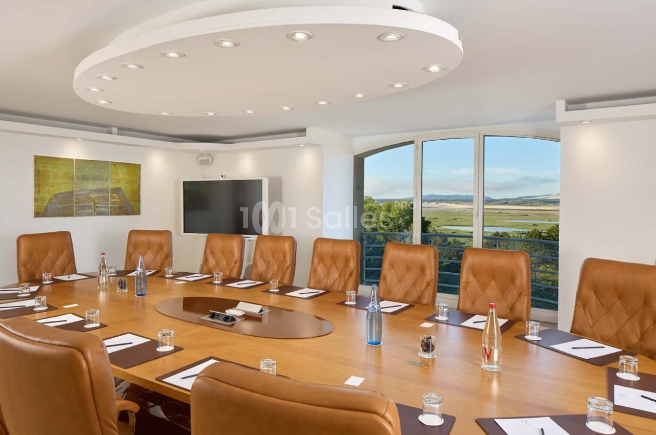 Salle de réunion lumineuse avec table ovale en bois, chaises en cuir, écran mural et vue sur un paysage extérieur.