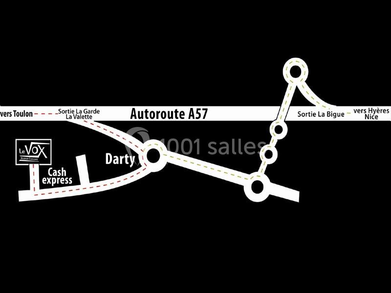 Plan schématique montrant l'emplacement de commerces près de l'autoroute A57, avec indications des sorties principales.