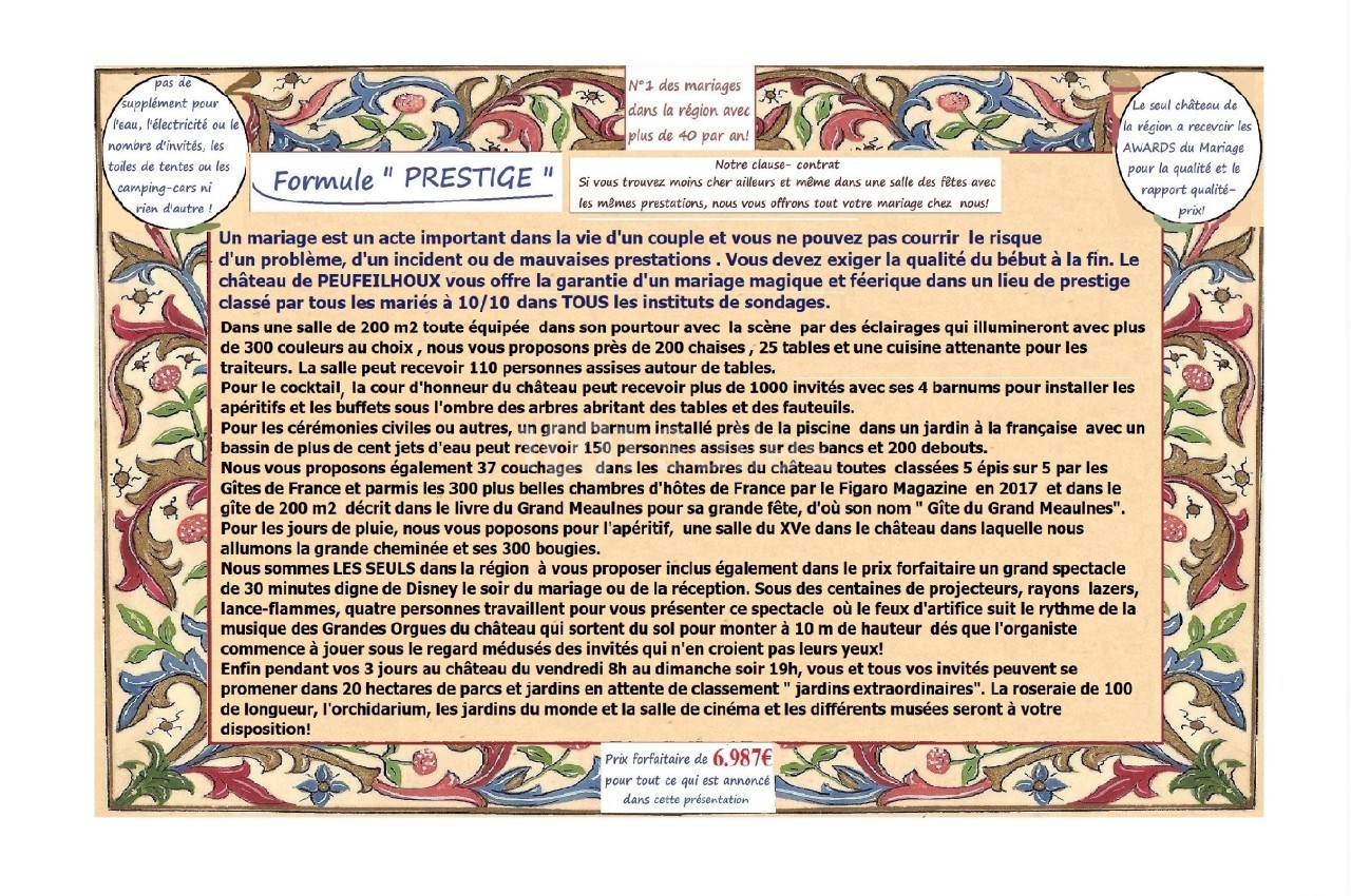 Une affiche décrivant une offre de mariage ’Formule Prestige’ avec détails sur services inclus et prix, sur fond décoratif…