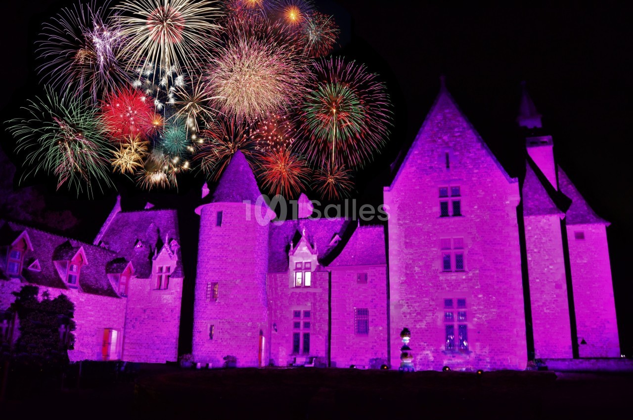 Château illuminé en violet avec un feu d'artifice multicolore éclatant dans le ciel nocturne.