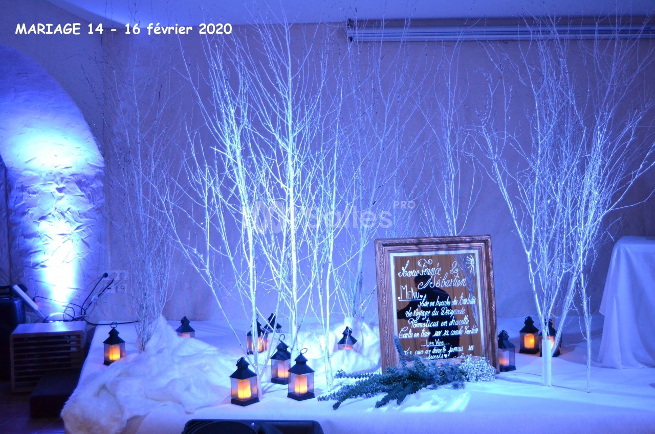 Décoration hivernale avec branches blanches, lanternes allumées et panneau en bois dans une salle éclairée en bleu.
