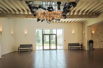 Jardin verdoyant avec pelouse bien entretenue, arbres et arbustes sous un ciel bleu dégagé.