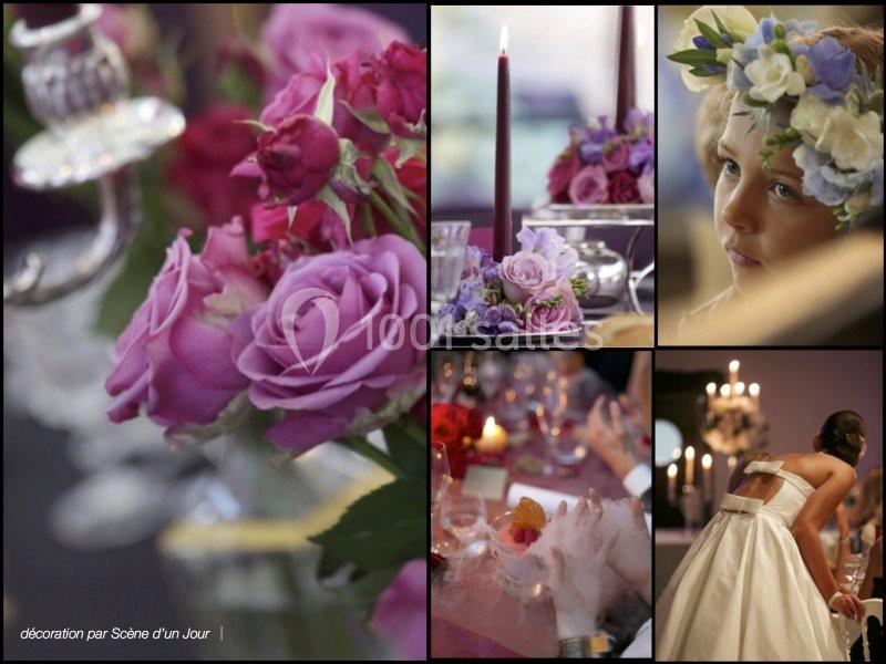 Collage de photos montrant des roses violettes, une table décorée, une fillette coiffée de fleurs et une mariée de dos.