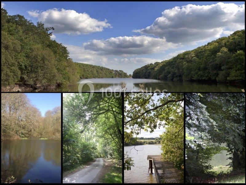 Paysages naturels avec lac entouré de forêts, sentiers boisés et ponton au bord de l'eau sous un ciel partiellement nuageux.