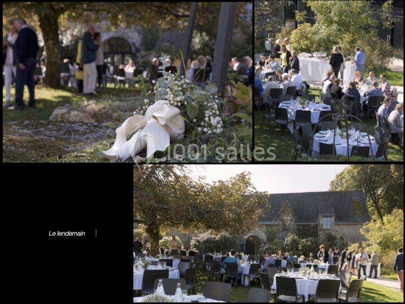 Des convives rassemblés dans un jardin pour un événement, tables dressées sous des arbres et décorations florales.