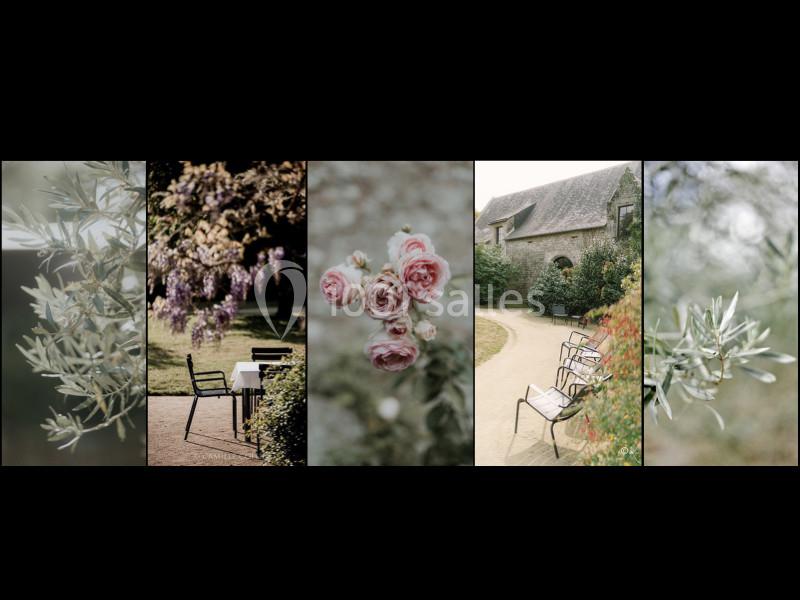 Montage de photos montrant des fleurs, des chaises de jardin, un chemin bordé de verdure et une maison en pierre.