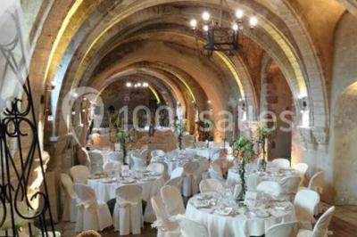 Château en pierre éclairé par des lampadaires au crépuscule, entouré d'arbres et d'une allée gravillonnée.