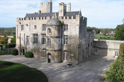 Château en pierre éclairé par des lampadaires au crépuscule, entouré d'arbres et d'une allée gravillonnée.