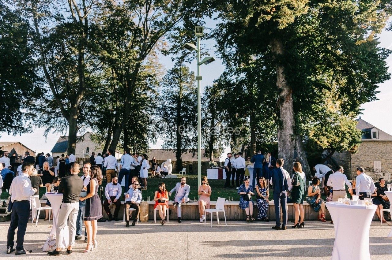 Groupe de personnes socialisant en extérieur dans un parc, avec des tables hautes et des arbres en arrière-plan.