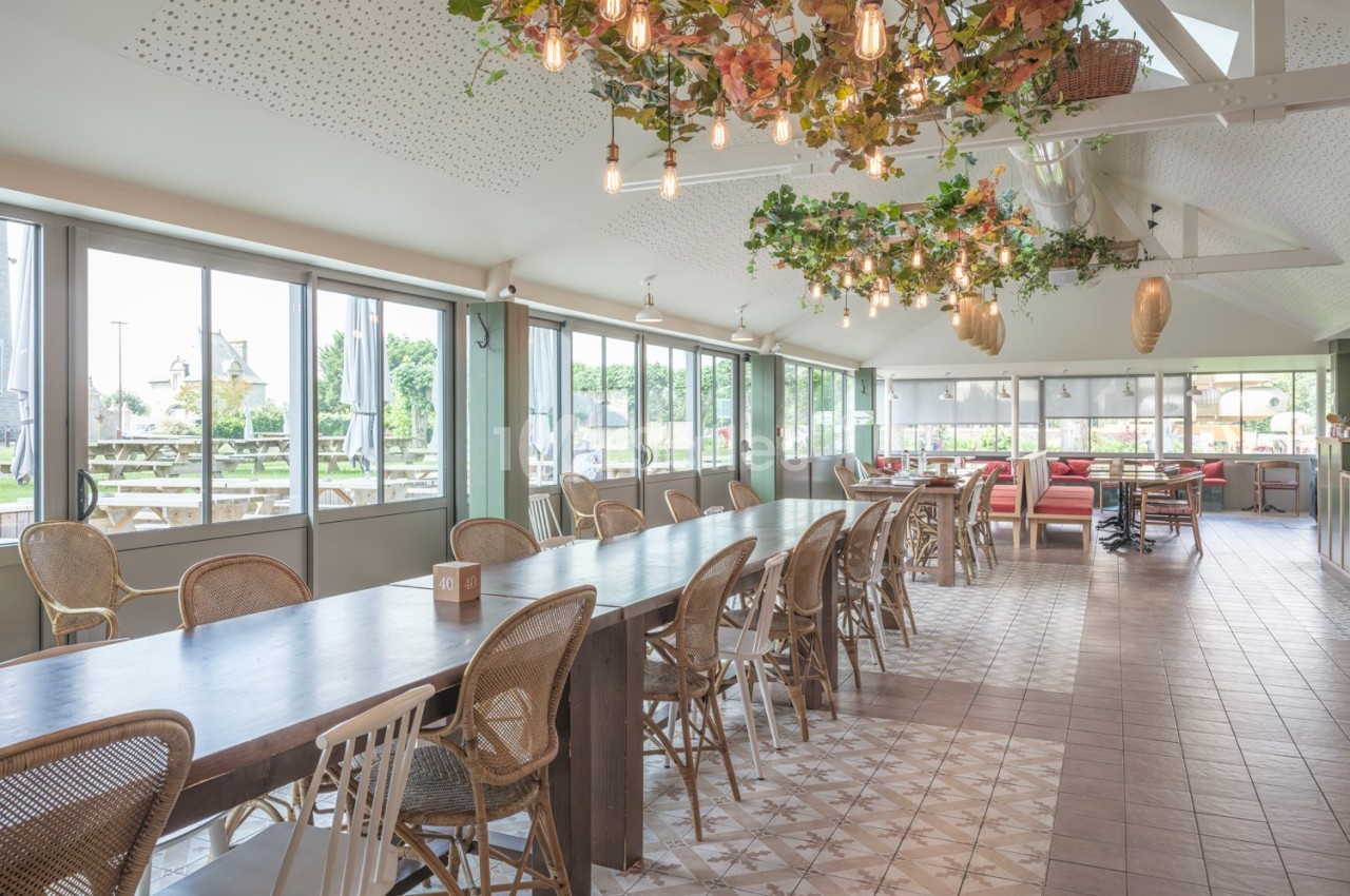 Salle lumineuse avec de grandes baies vitrées, décorée de plantes suspendues et aménagée avec des tables et chaises en bois.