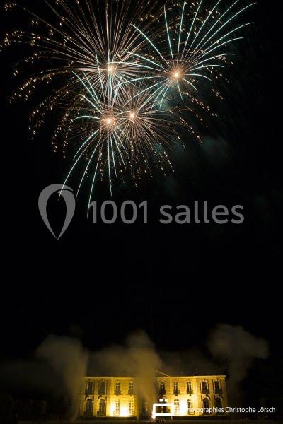 Feu d'artifice illuminant le ciel nocturne au-dessus d'un bâtiment éclairé, entouré de fumée.