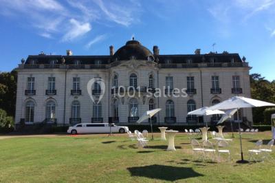 Miniature Location salle Ouzouer-sur-Trézée (Loiret) - Château de Pont-chevron #1 Voiture ancienne noire stationnée devant un bâtiment blanc entouré de jardins et d'arbres sous un ciel bleu.