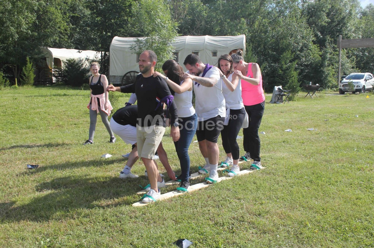 Un groupe de personnes participe à une activité d'équipe en extérieur, debout sur des planches dans un champ.