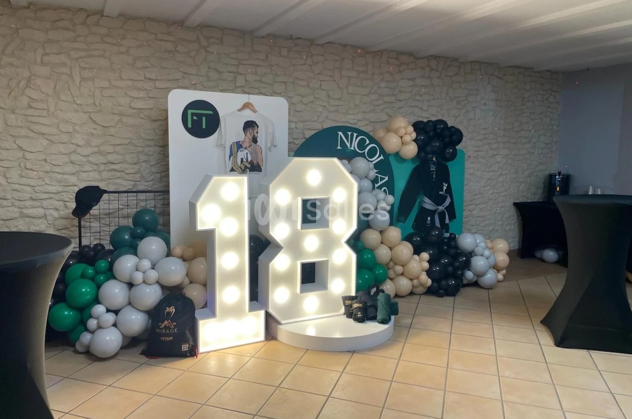 Décoration d'anniversaire avec le chiffre 18 lumineux, ballons colorés et panneaux personnalisés dans une salle.