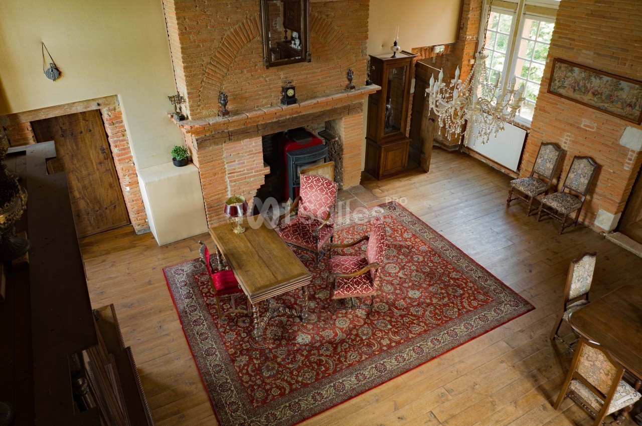 Salle de séjour avec murs en briques, cheminée, tapis rouge, mobilier ancien et grandes fenêtres laissant entrer la lumière.
