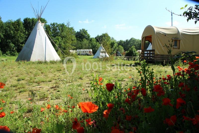 Prairie fleurie avec des tipis et une tente en arrière-plan, entourés de verdure et d'arbres.
