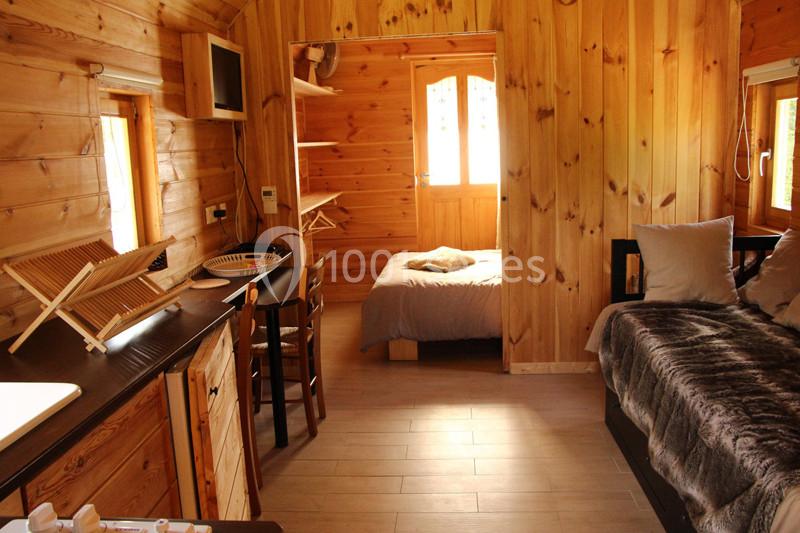 Intérieur d'une cabane en bois avec lit, canapé, table, étagères et lumière naturelle entrant par les fenêtres.