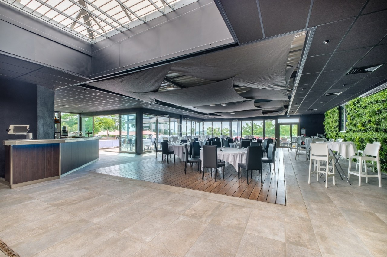 Salle de restaurant moderne avec tables dressées, chaises noires, bar à gauche et mur végétal à droite.