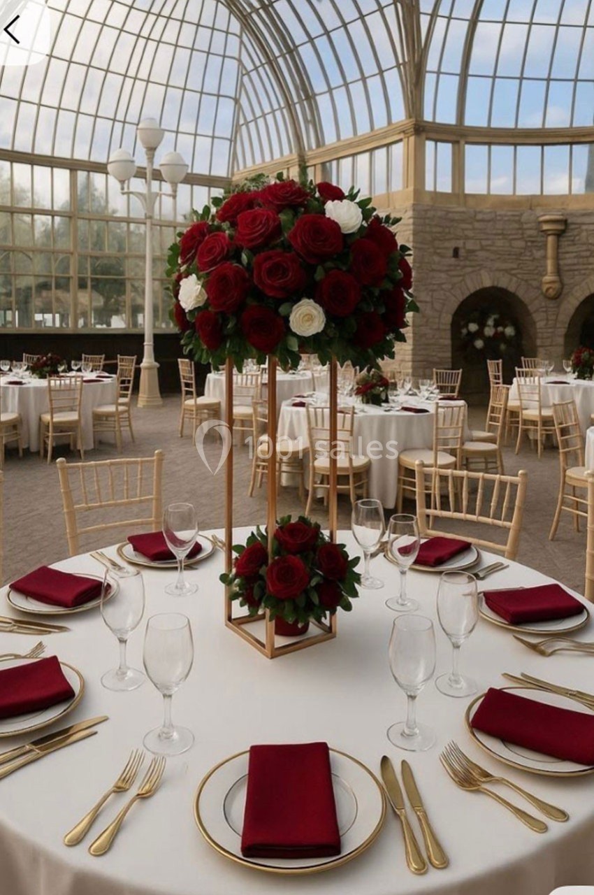 Table élégamment dressée avec nappes blanches, serviettes rouges, vaisselle dorée et centre de table floral rouge et blanc.