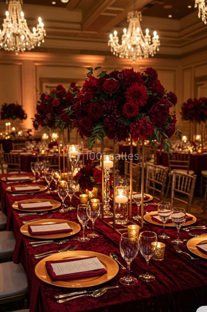 Table élégamment dressée avec nappes rouges, chandeliers, fleurs rouges et vaisselle dorée dans une salle ornée de lustres.