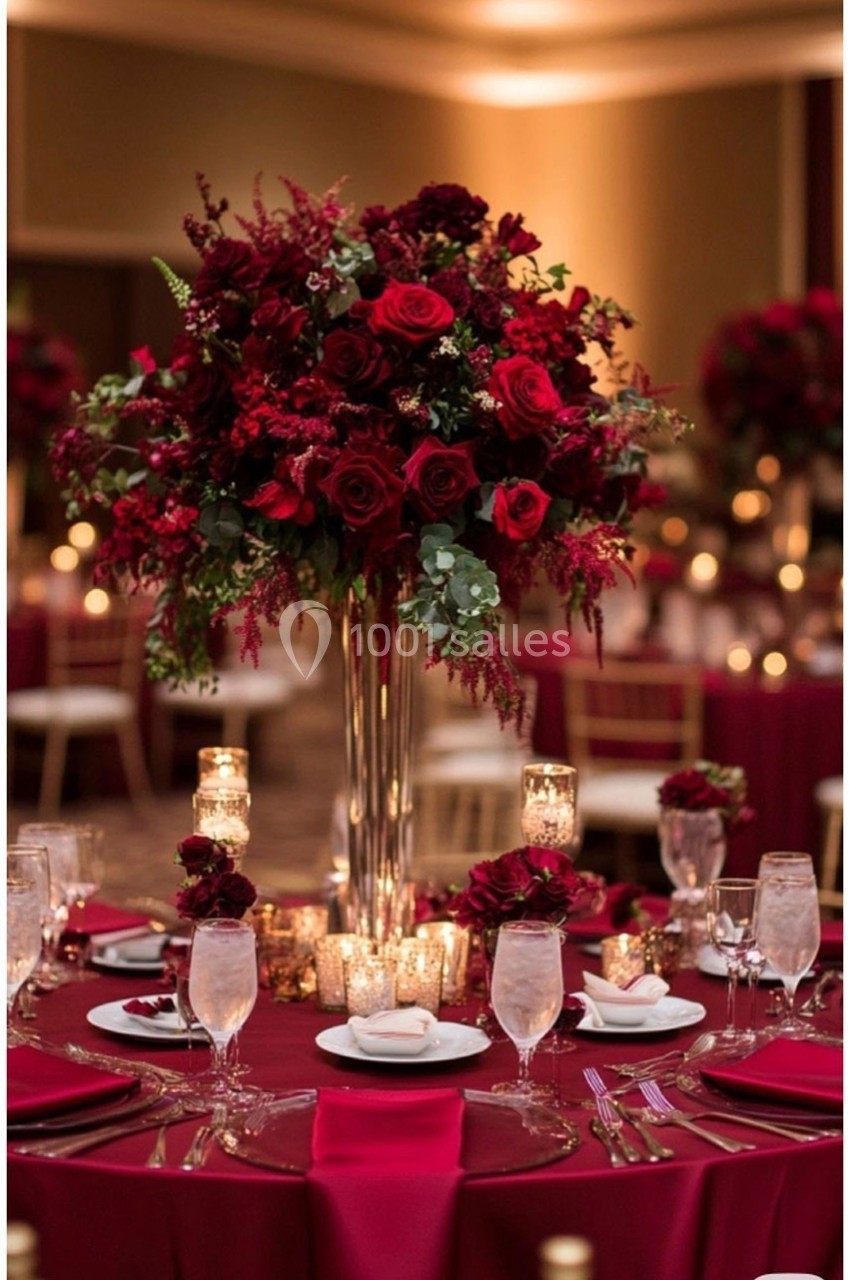 Centre de table avec un grand bouquet de roses rouges et feuillage, entouré de bougies sur une table élégante.