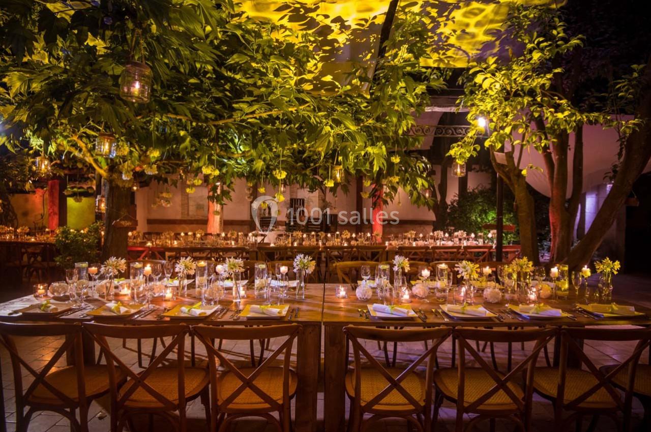 Location salle Gémenos (Bouches-du-Rhône) - Moulin de Gemenos #31 Table dressée pour un dîner en extérieur, entourée d'arbres illuminés et décorée de bougies et fleurs.